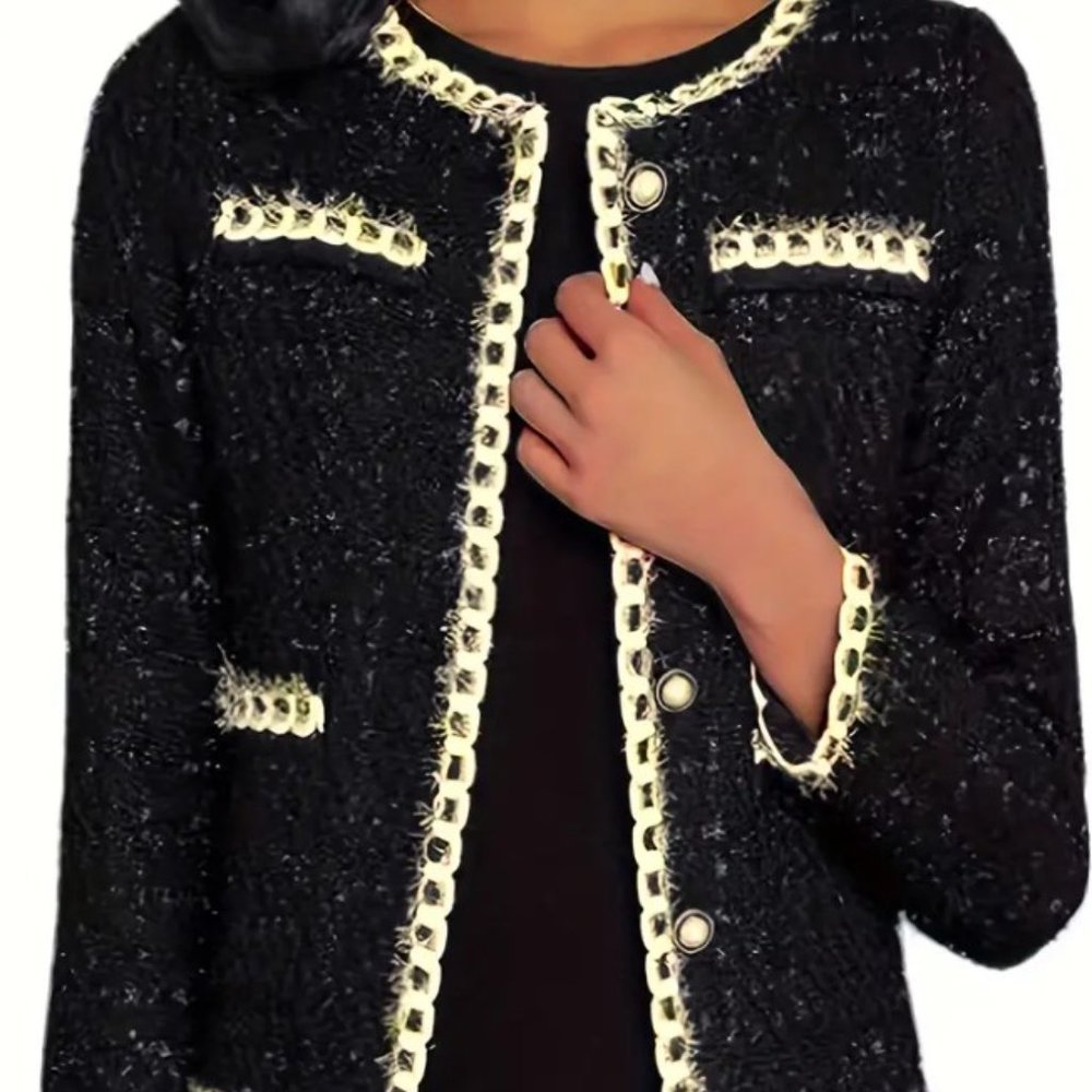 Black Boucle Tweed Designer Style Jacket with Pearlized Buttons, NWOT